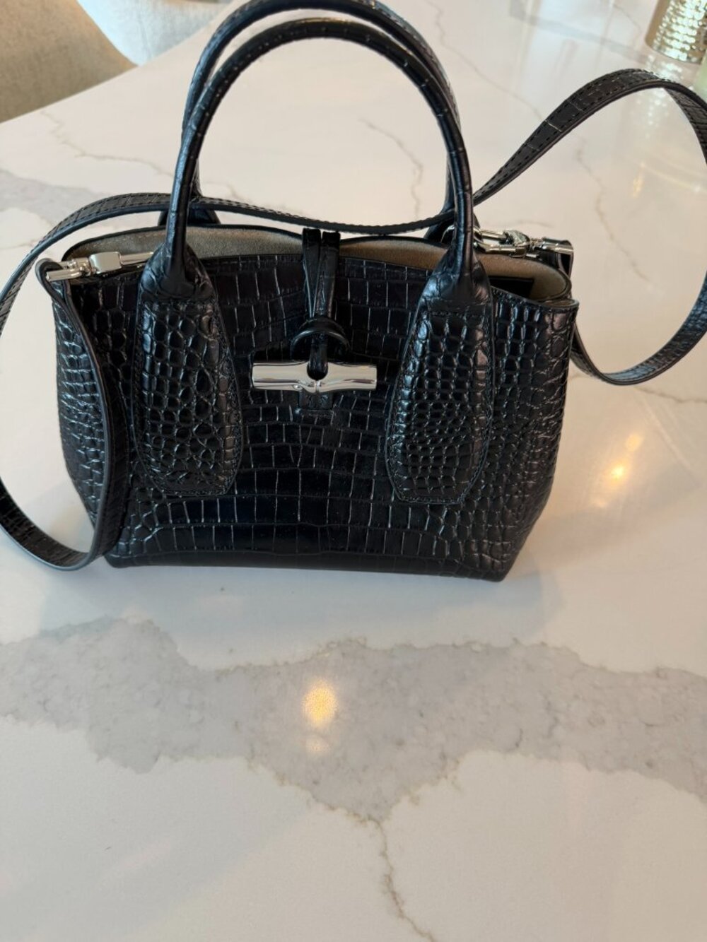 LONGCHAMP BLACK CROC EMBOSSED ROSEAU SMALL PURSE - Picture 1 of 5
